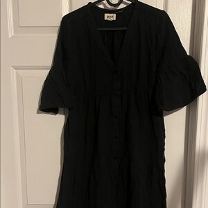 Pact Black V-Neck Button-Front Midi Dress with Puff Sleeves